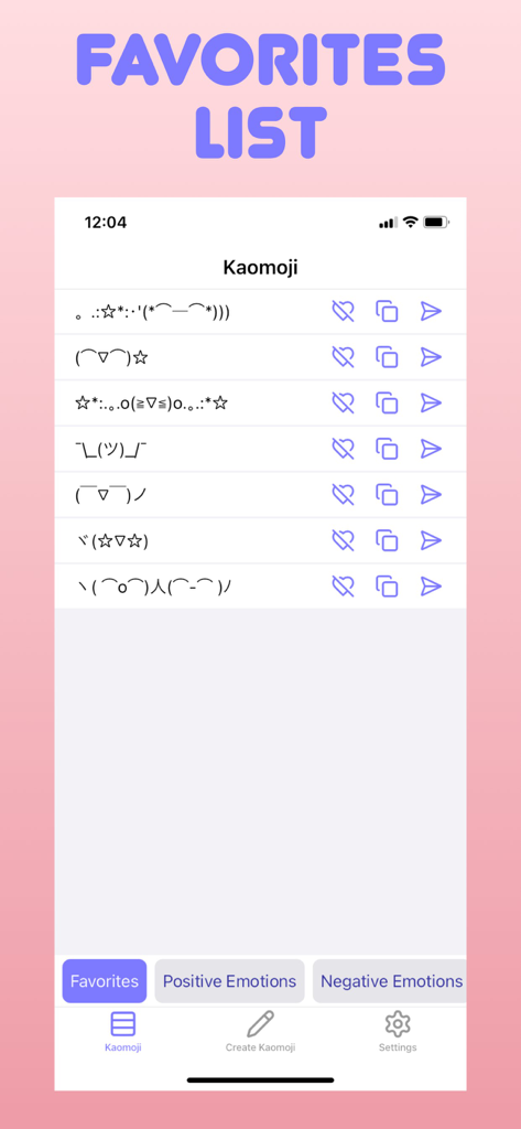 The favorites list interface of the Kaomoji app displaying various Japanese text emoticons.