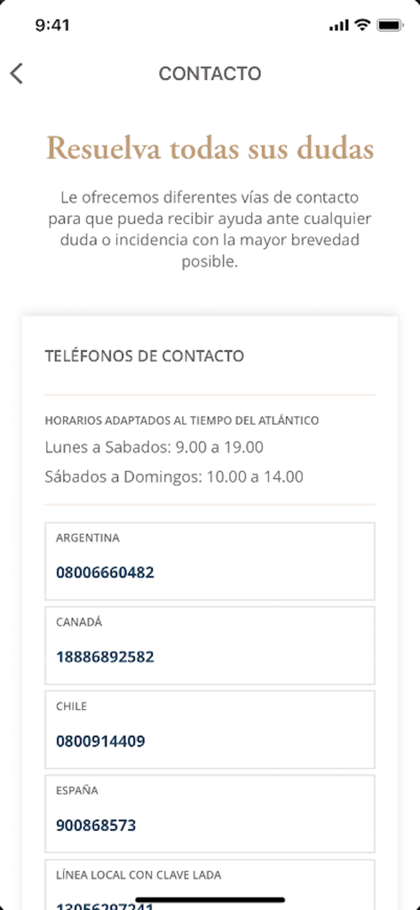 Iberostar The Club - Customer support screen in the Iberostar The Club app with phone numbers for different countries