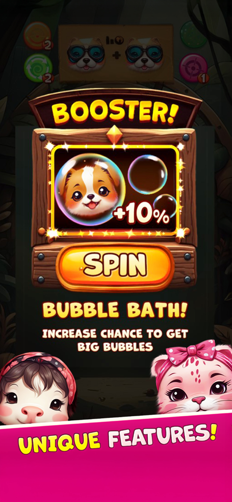 Animal Suika game screenshot showing the Bubble Bath booster spin screen with cute animal characters.