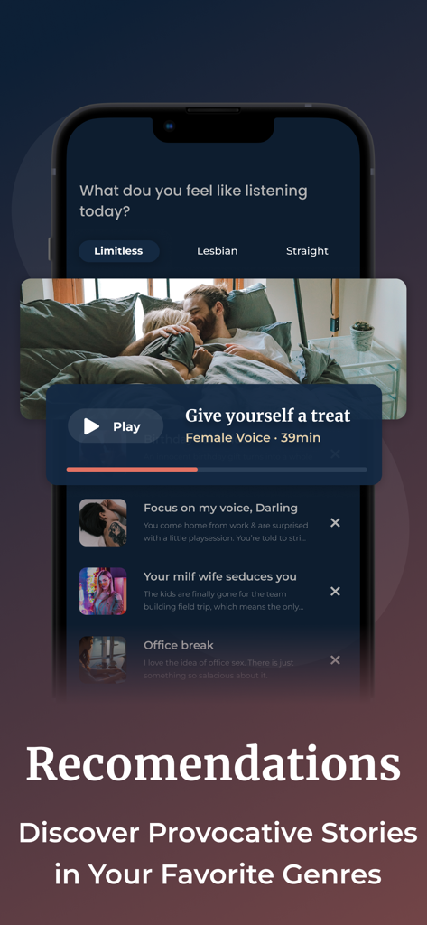 Cuddle: steamy erotic stories - Smartphone screen showing the Cuddle app interface with recommendations for provocative erotic audio stories and genres like lesbian and straight.