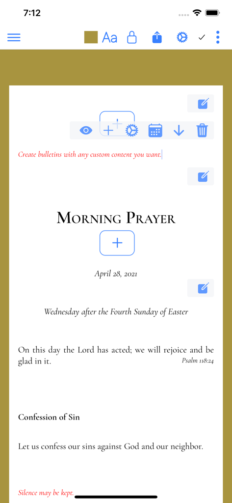 Venite.app - Venite app interface showing the Morning Prayer liturgy with bulletin editing and customization tools