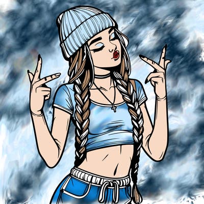 realistic teenage girl with braids and a beanie and crop top doing 🫶🏼