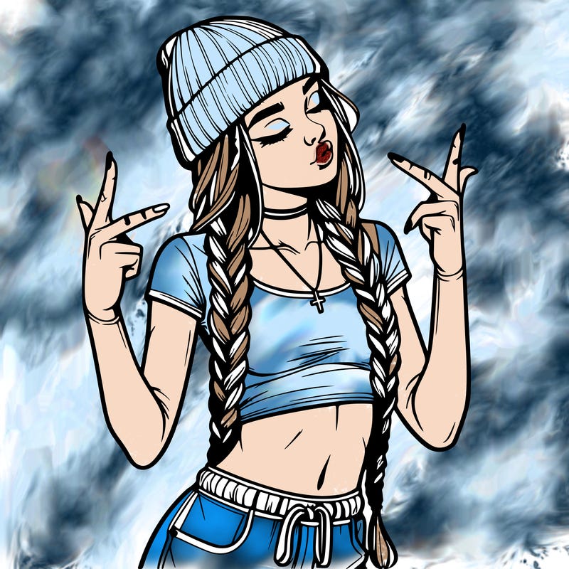 realistic teenage girl with braids and a beanie and crop top doing 🫶🏼