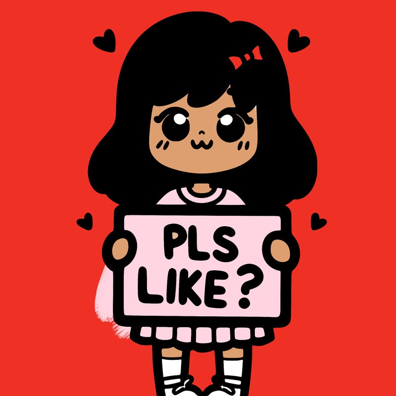 girl holding sign saying pls like?