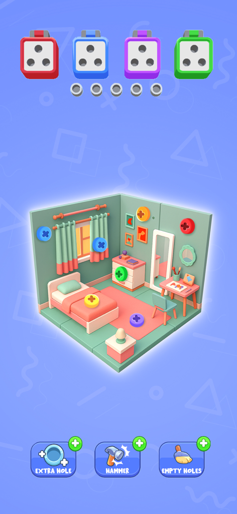 Puzzle 3D isométrique d'une pièce avec des épingles colorées et des outils de stratégie dans Cube Unpuzzle