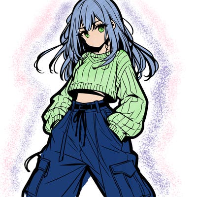 anime teen girl with baggy pants and crop top with sweater