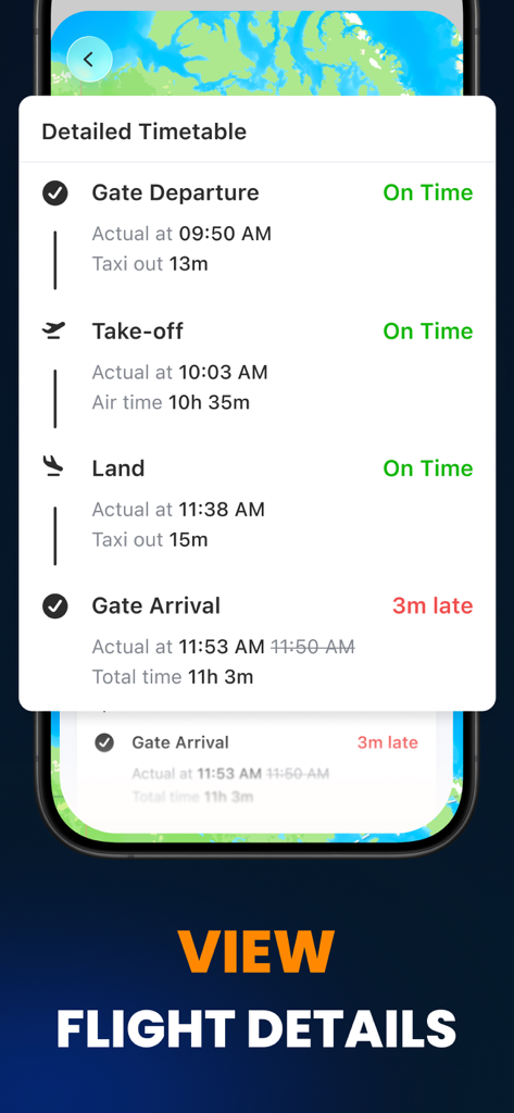 Flight Tracker. AI Plane Radar - Detailed flight timetable screen showing real time departure and arrival status updates with gate information and delays