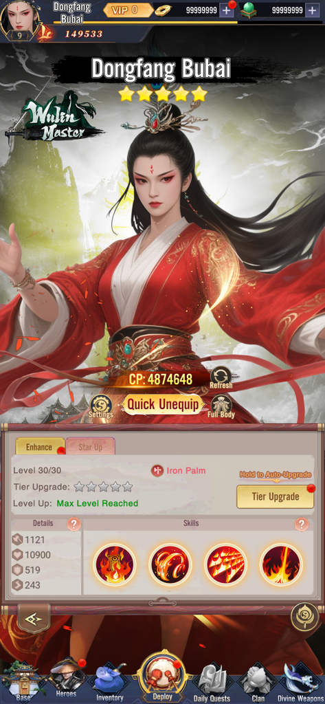 Wulin Master - Vplay - Dongfang Bubai hero profile screen showing combat power and skills in Wulin Master Vplay