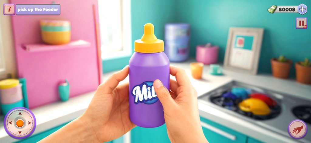 Pregnant Mom Family Life 3D - Vista en primera persona de un jugador sosteniendo un biberón morado en una cocina colorida.