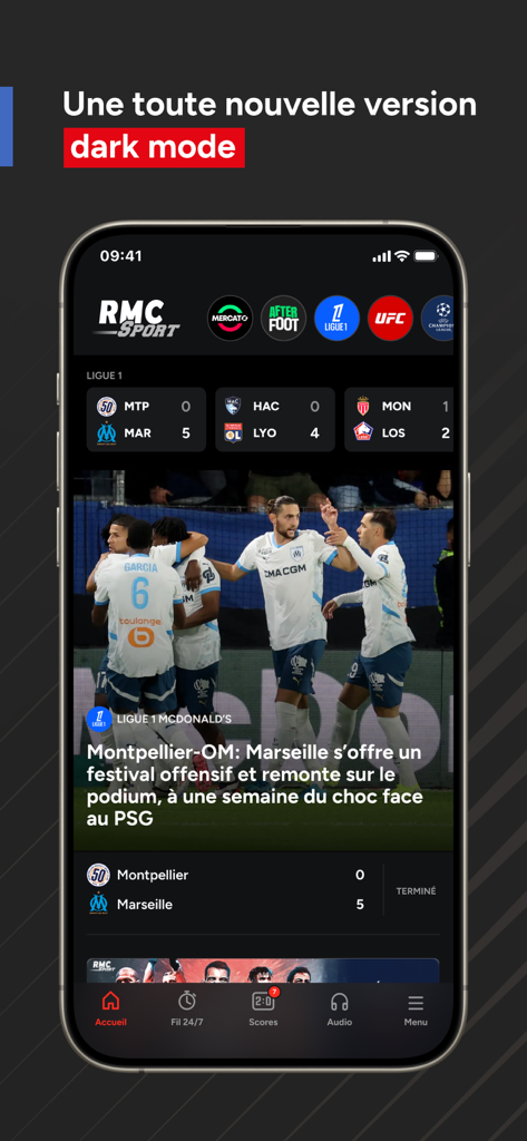 RMC Sport News app interface in dark mode showing live Ligue 1 scores and sports news.