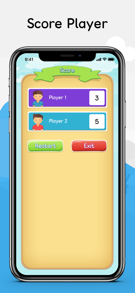Kids Math IQ - キッズ算数IQアプリのスコアボード画面。デュアルモードの2人のプレイヤーのポイントが表示されています。