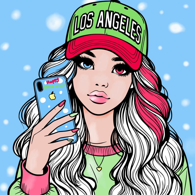 realistic beautiful girl wearing los ángeles cap holding an iphone