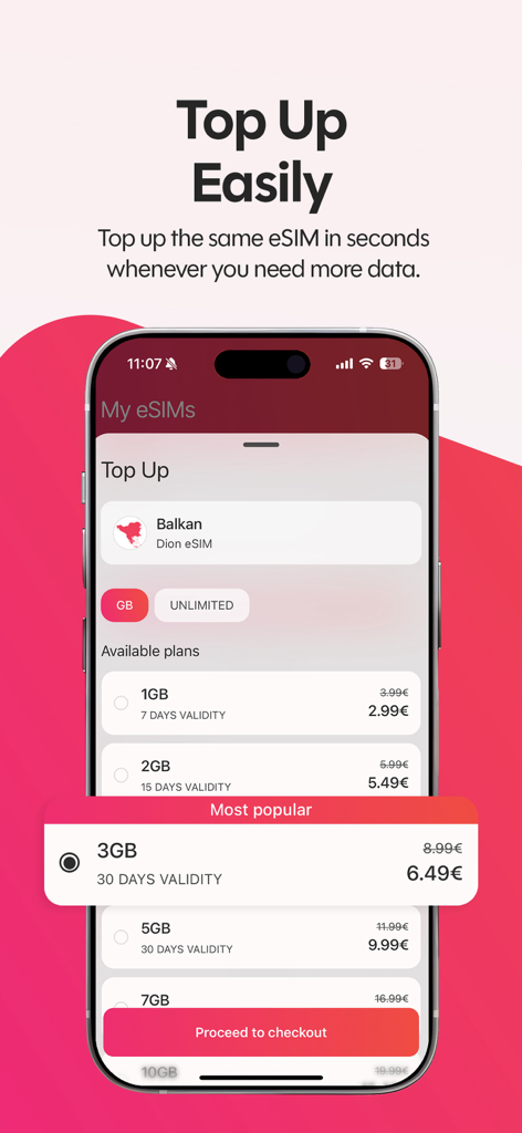 Gjirafa eSIM app interface showing various data top up plans and prices for the Balkan region