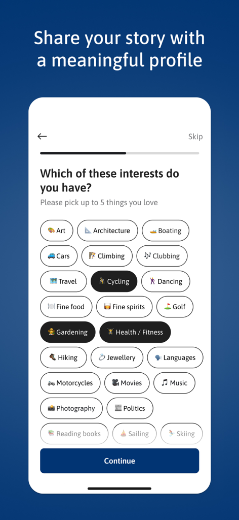 A screen from the Christian Mingle app asking users to select their favorite hobbies and interests to build a profile
