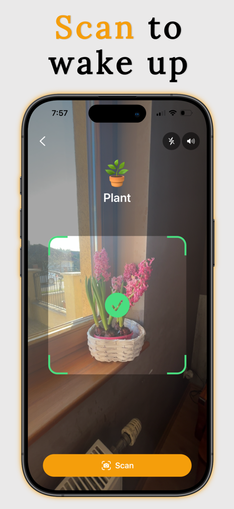 1% Alarm: Scan to Wake Up - Mobile app interface showing the scan to wake up feature with a plant as the target object