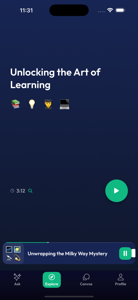 Convo AI - Learn Anything - The explore screen of the Convo AI app featuring a podcast player and the headline Unlocking the Art of Learning