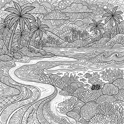 Dive into a breathtaking Zentangle rendition of a tropical lagoon beach, where every wave and palm frond is an intricate pattern waiting for your colors. This unique coloring page offers a meditative escape to a serene coastal paradise.