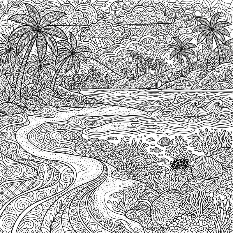 Dive into a breathtaking Zentangle rendition of a tropical lagoon beach, where every wave and palm frond is an intricate pattern waiting for your colors. This unique coloring page offers a meditative escape to a serene coastal paradise.