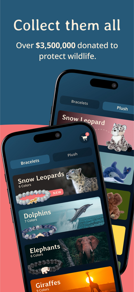 Fahlo Animal Tracker - Fahlo 앱 인터페이스는 야생 동물 보존을 위한 동물 테마 팔찌와 봉제 인형을 표시합니다.