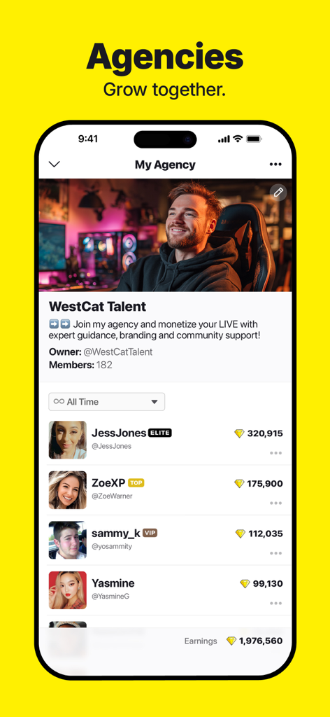 A mobile interface for the C2 Live app showing an agency profile with top earning members and total rewards.