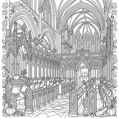 Step into a serene autumn cathedral with this stunning coloring page featuring intricately carved choir stalls. Adorned with harvest elements, it offers a peaceful and detailed coloring experience.