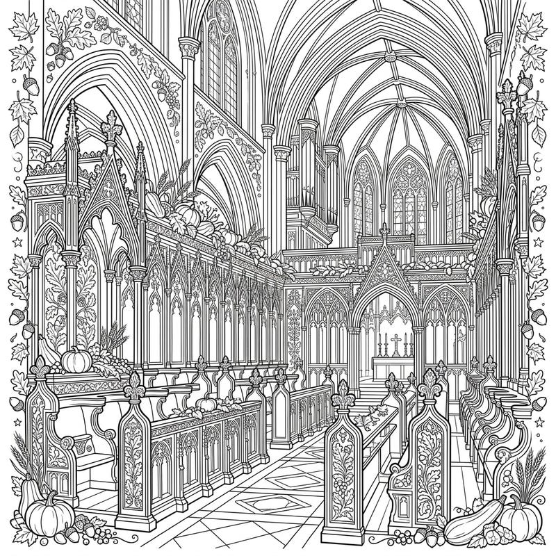 Step into a serene autumn cathedral with this stunning coloring page featuring intricately carved choir stalls. Adorned with harvest elements, it offers a peaceful and detailed coloring experience.