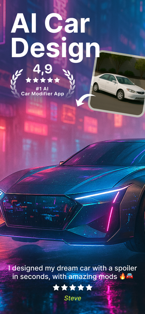 AI Car Designer Modify & Tune - Interfaz de la aplicación AI Car Designer mostrando una modificación de coche futurista con una comparación de antes y después