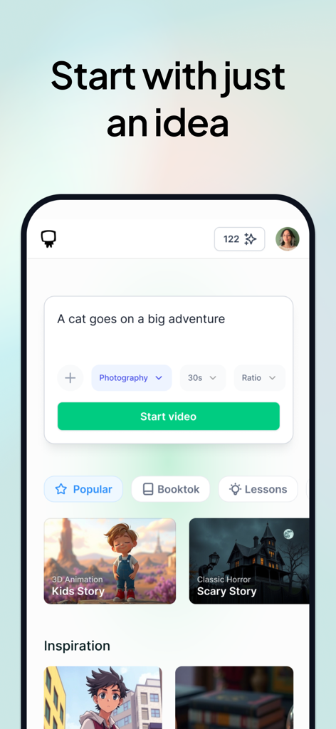 스토리 카테고리와 함께 텍스트 프롬프트에서 AI 비디오를 생성하기 위한 Hypernatural 모바일 앱 인터페이스