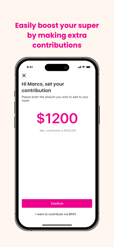 Interface of the Aware Super app for making additional retirement fund contributions