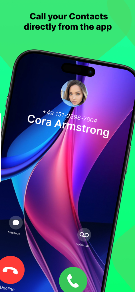 WhatsChat Pro - Interfaz de la aplicación WhatsChat Pro que muestra una llamada directa a un contacto llamado Cora Armstrong.