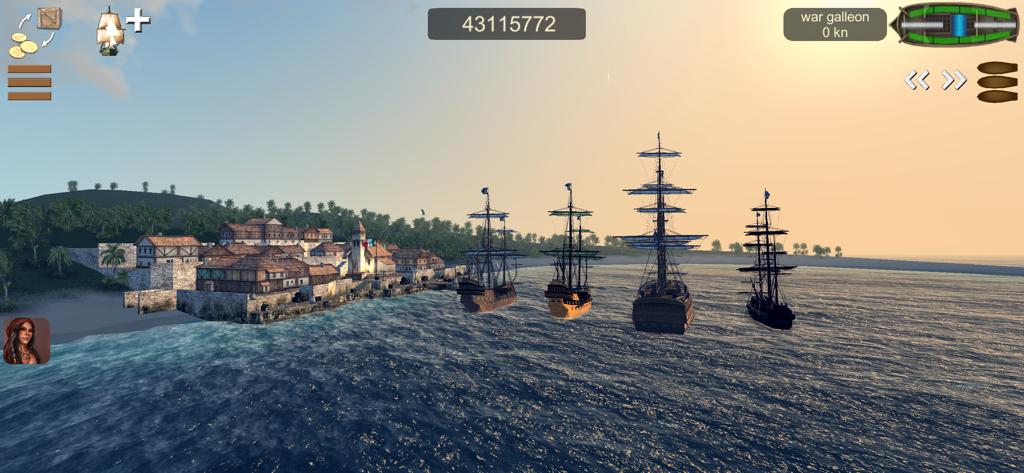 The Pirate: Caribbean Hunt - A fleet of four sailing ships anchored near a coastal colonial town at sunset in The Pirate Caribbean Hunt.