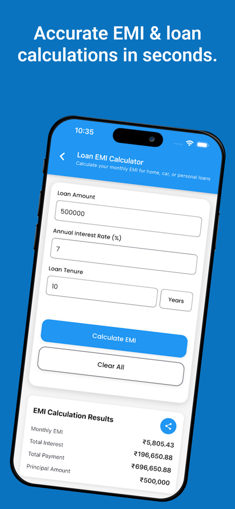All In One Calculators - Interfaz de la calculadora de EMI de préstamos en la pantalla de un teléfono móvil que muestra campos de entrada y resultados