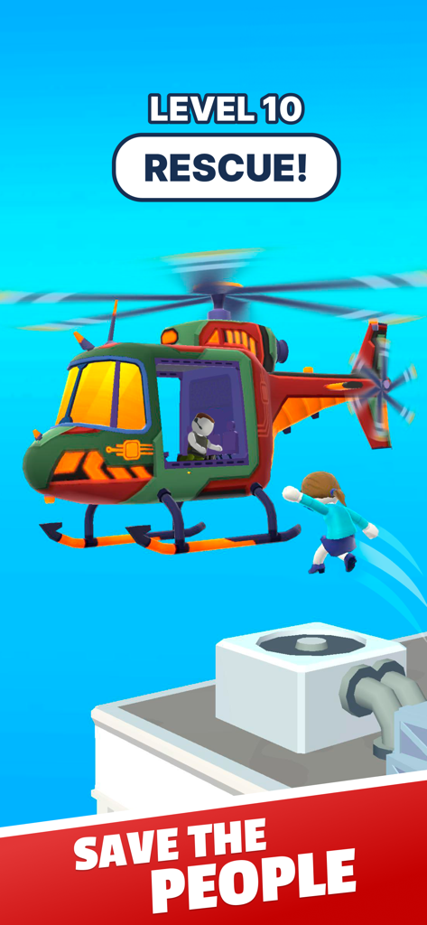 Un personaje salta desde la azotea de un edificio hacia un helicóptero de rescate estilizado en un juego de acción 3D