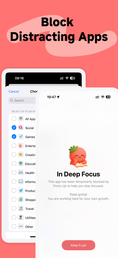 Pomo Up - Pomodoro Timer - Pomo Upモバイルインターフェース。アプリブロッカーの選択と、かわいいキャラクターが登場するディープフォーカス画面が表示されています。