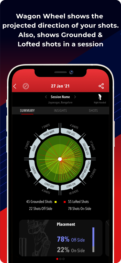 SmartCricket - BatSense - SmartCricket app interface showing a Wagon Wheel with shot direction and grounded versus lofted shot statistics.