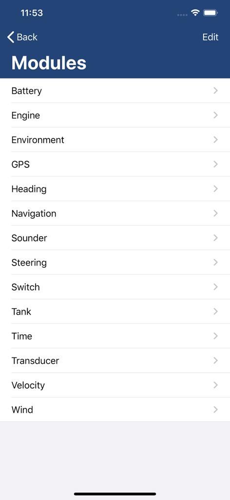 NMEAconnect - L'interface de l'application NMEAconnect affiche une liste de modules de données marines, notamment le GPS, le vent et le moteur.