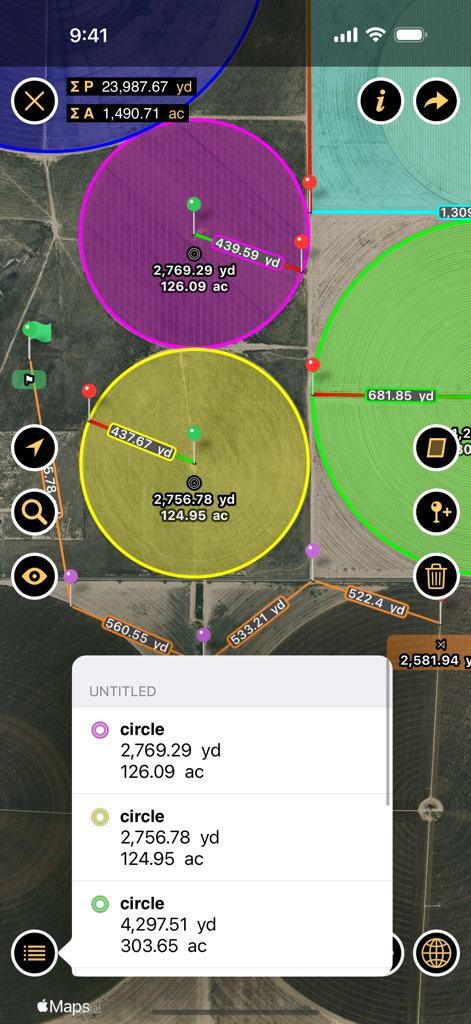 Visão de satélite de medições de área de terreno circular no aplicativo Planimeter