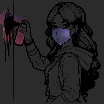 realistic girl with mask spray painting a wall