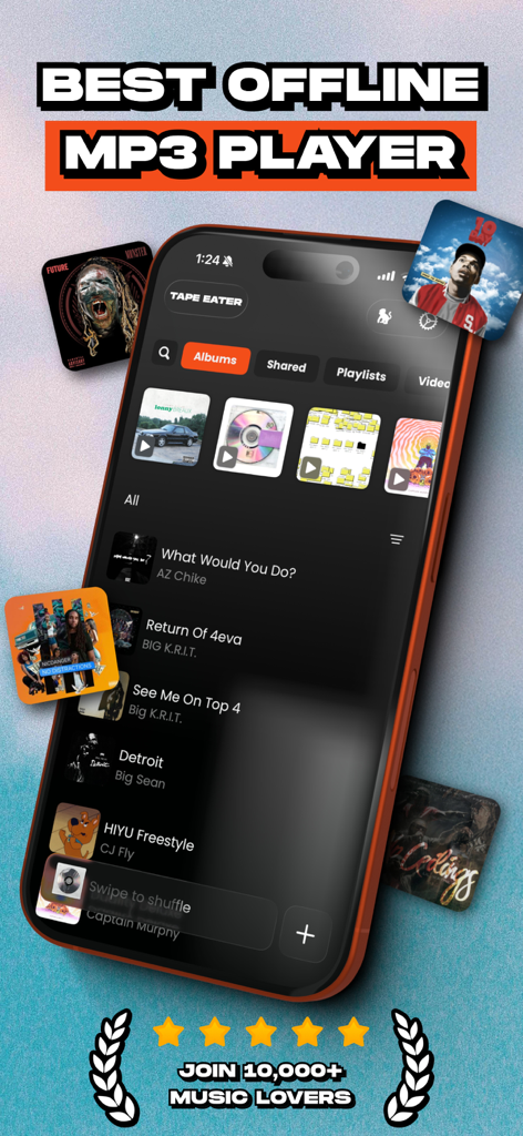 MP3 Player - Tape Eater - Tape Eater app interface showing an offline mixtape library and high user ratings