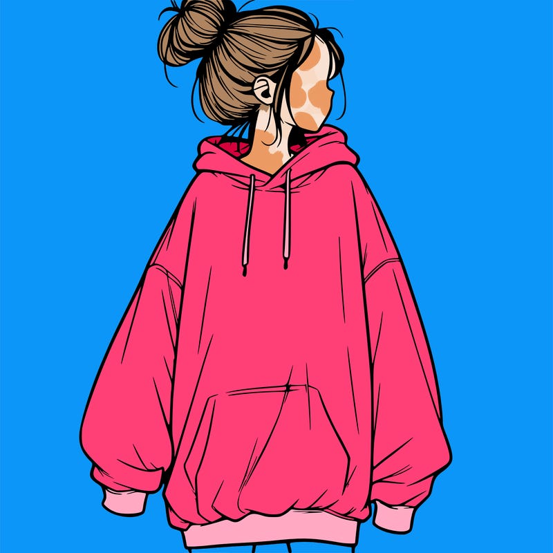 realistic girl with a oversized sweatshirt on and a bun