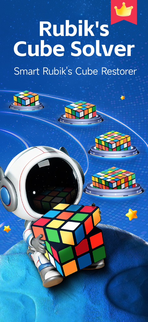 RGB Cube Solver &Timer - Un astronaute tenant un Rubik's cube dans un écran de démarrage d'application sur le thème de l'espace pour RGB Cube Solver