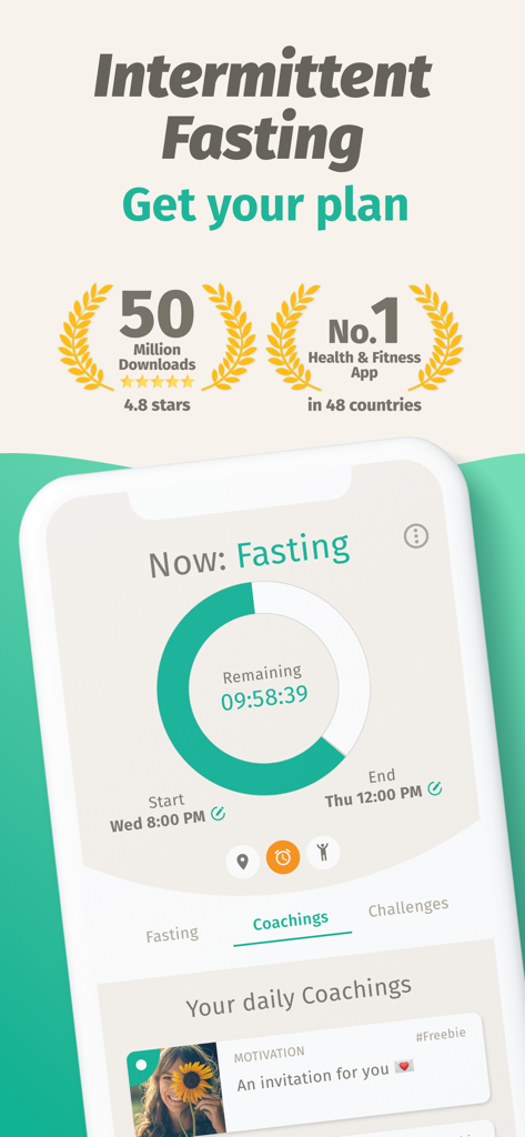 BodyFast app interface showing an intermittent fasting timer and daily coaching plan