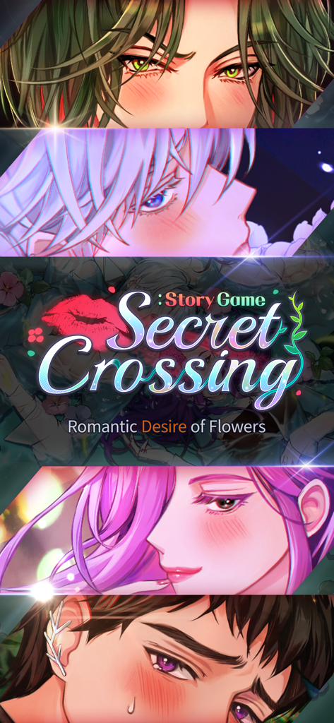 Secret Crossing : story game - Banner for the Secret Crossing story game featuring four handsome anime male characters with blushing faces and the title Romantic Desire of Flowers