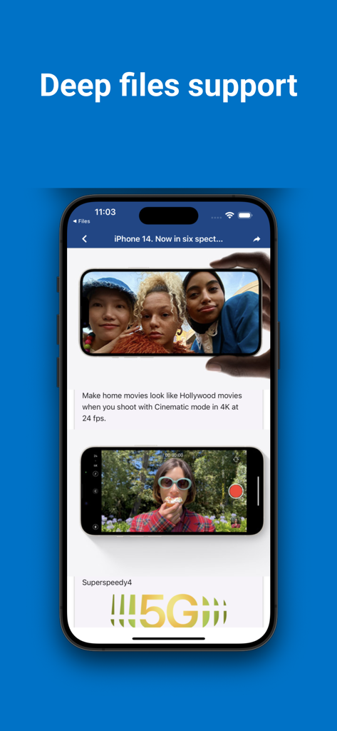 Oberfläche der E-Mail-Reader-App, die eine geöffnete E-Mail mit Bildern und Text unter der Überschrift 'Umfassende Dateisupport' anzeigt