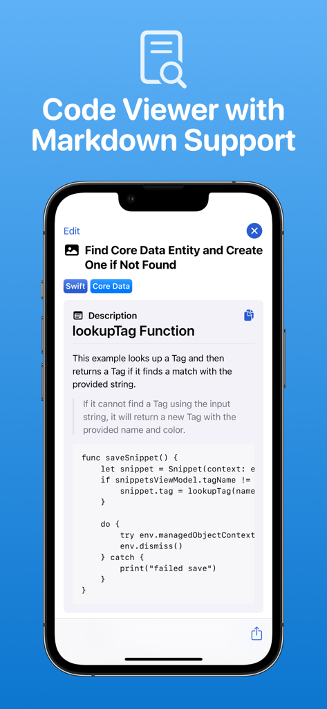 Snippets Studio - Interface do aplicativo Snippets Studio exibindo um trecho de código Swift com documentação Markdown e tags de organização.