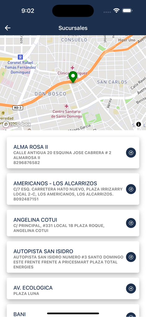 Screenshot des Envios RD App Filialfinders mit einer Karte und Adressen.