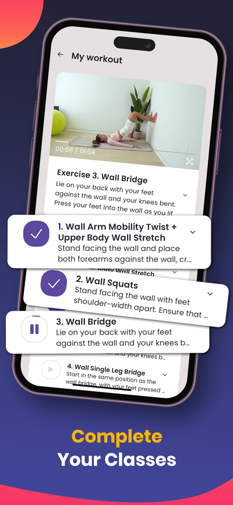 Wall Pilates: Fit Weight Loss - Wall Pilates app showing a list of exercises and a demonstration video for a wall bridge workout.