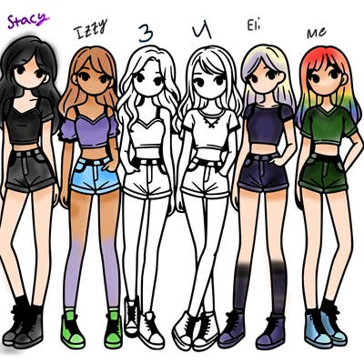 a group of girls wearing crop tops and shorts