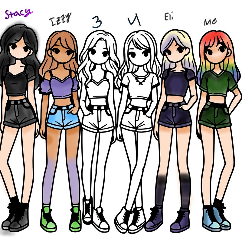 a group of girls wearing crop tops and shorts