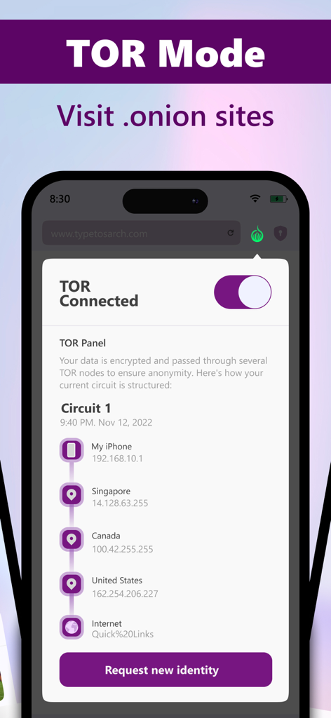 Prosec TORモード接続を示すスマートフォンの画面、多ノード暗号化回路の視覚的表現が表示されています